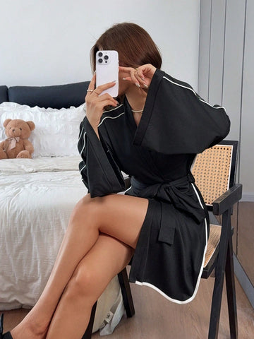 Silky Contrast Trim Wrap Robe