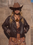 Plaid Trim Oversized Faux Leather Jacket