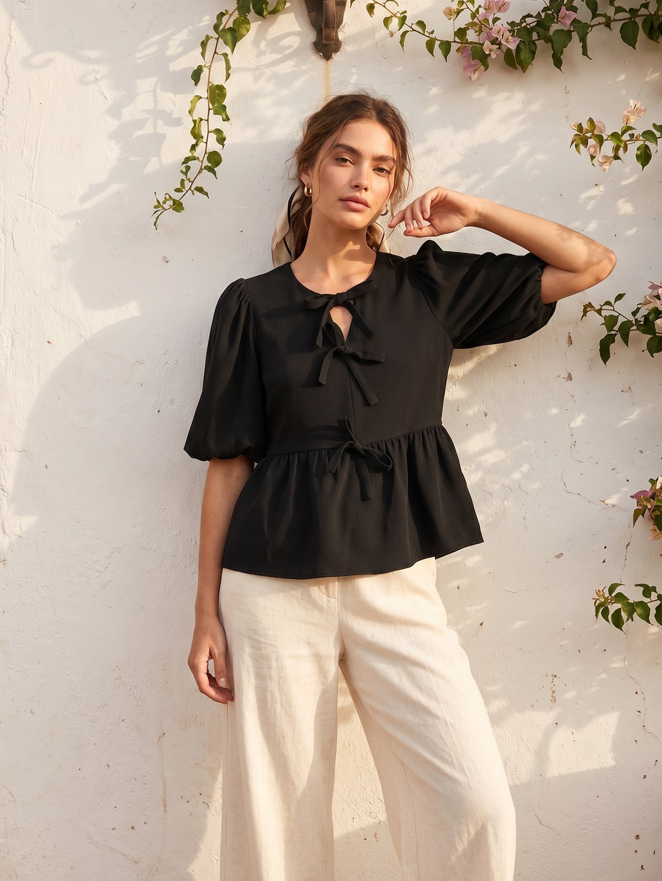 Tie Front Peplum Chiffon Blouse