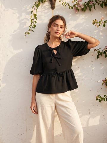 Tie Front Peplum Chiffon Blouse