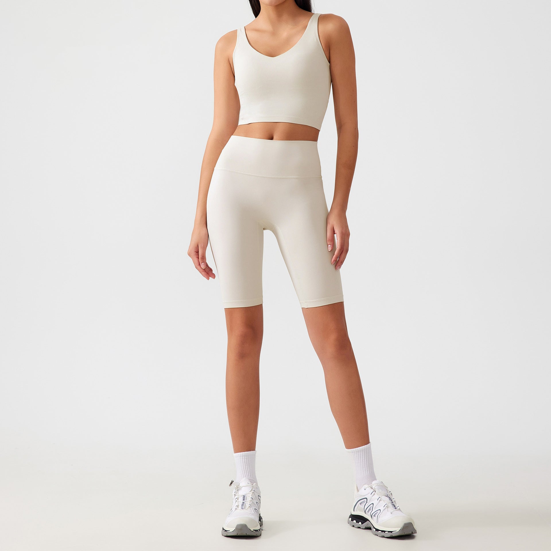 V-Neck Cropped Tee Tight-Fit Biker Shorts Casual Set-Multicolor