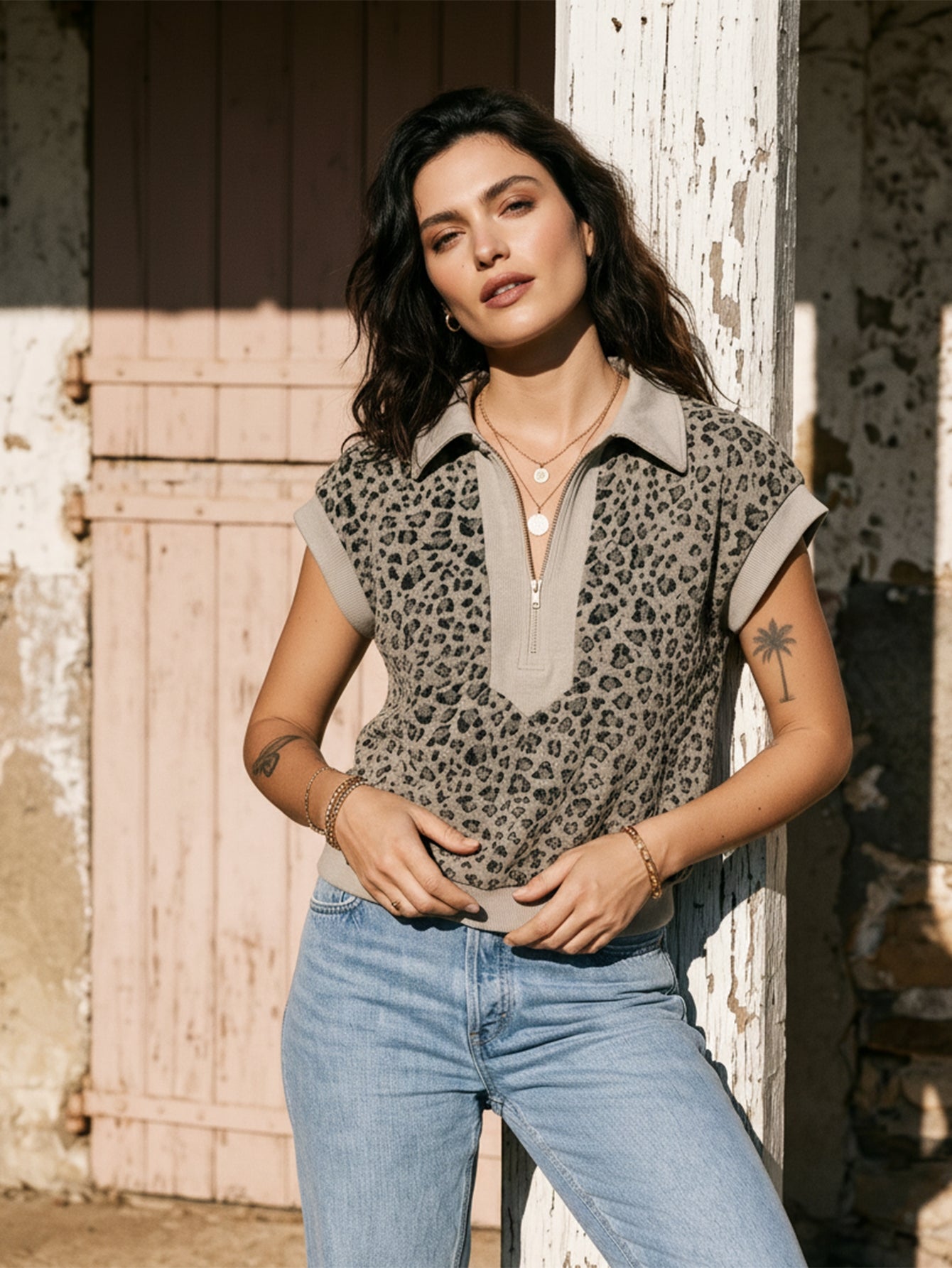 Leopard Print Zip Short Sleeve Top