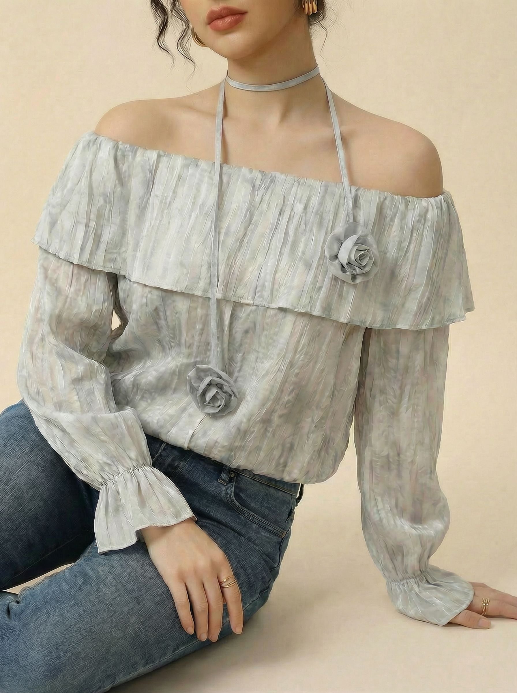 Off-the-Shoulder Ruffled Rose-Embellished Chic Blouse-Gray