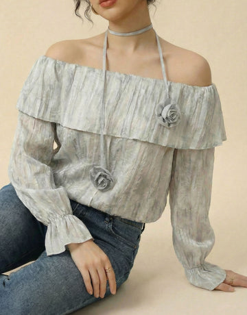 Off-the-Shoulder Ruffled Rose-Embellished Chic Blouse-Gray