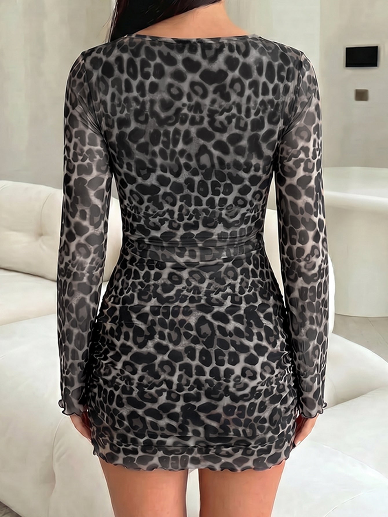 Sheer Leopard Print Ruched Mini Dress