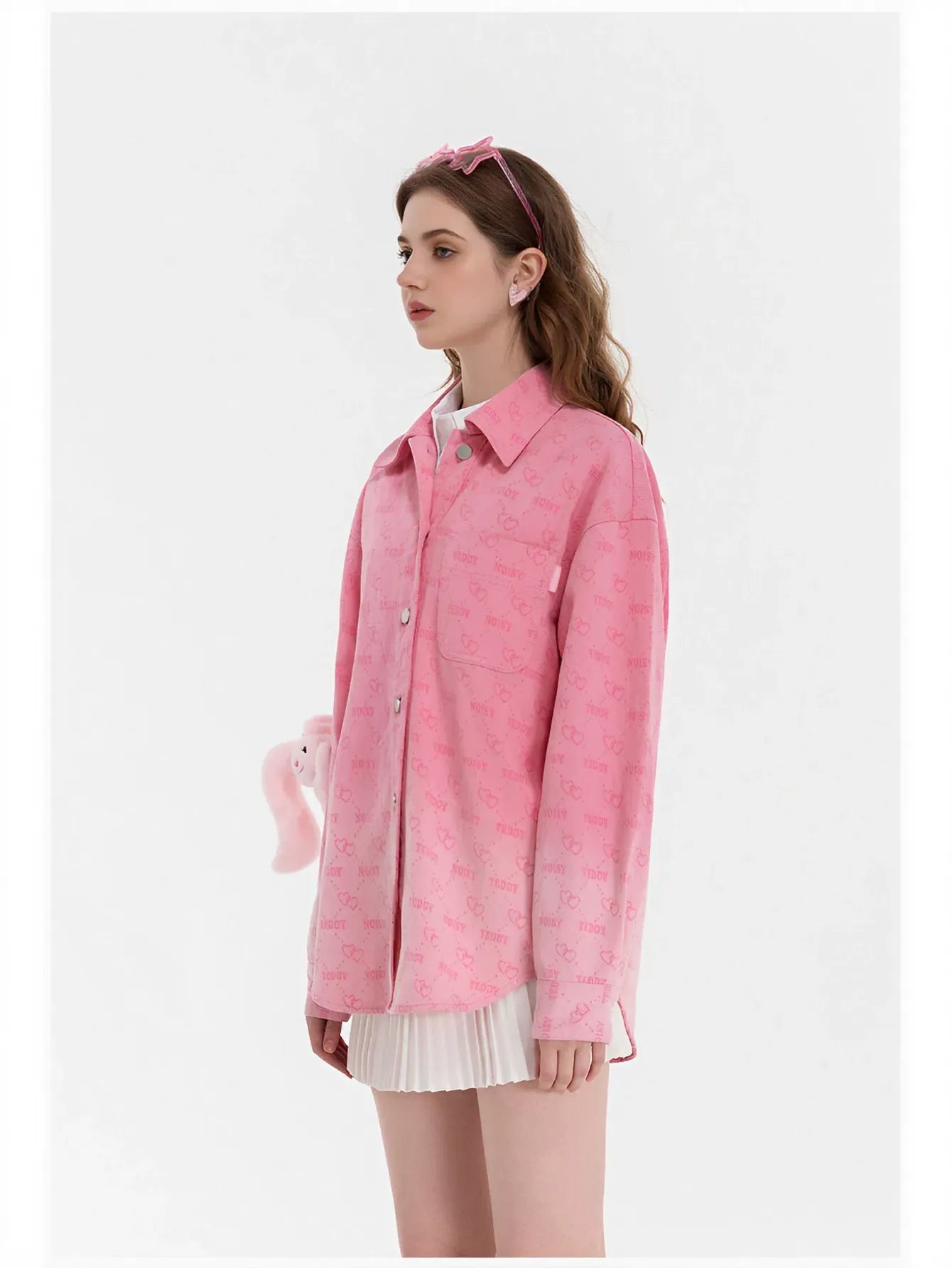 Cute Pink Heart Print Button Shirt