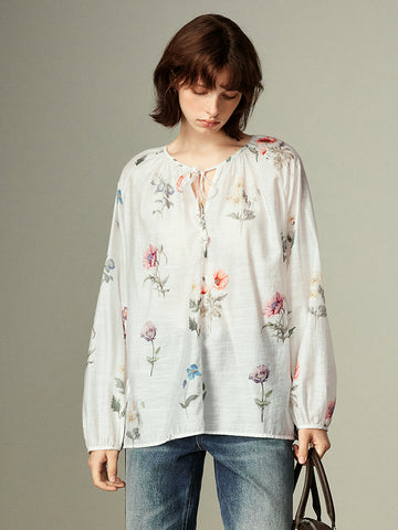 TOYOUTH Light Blue Floral Print Tie-Neck Blouse