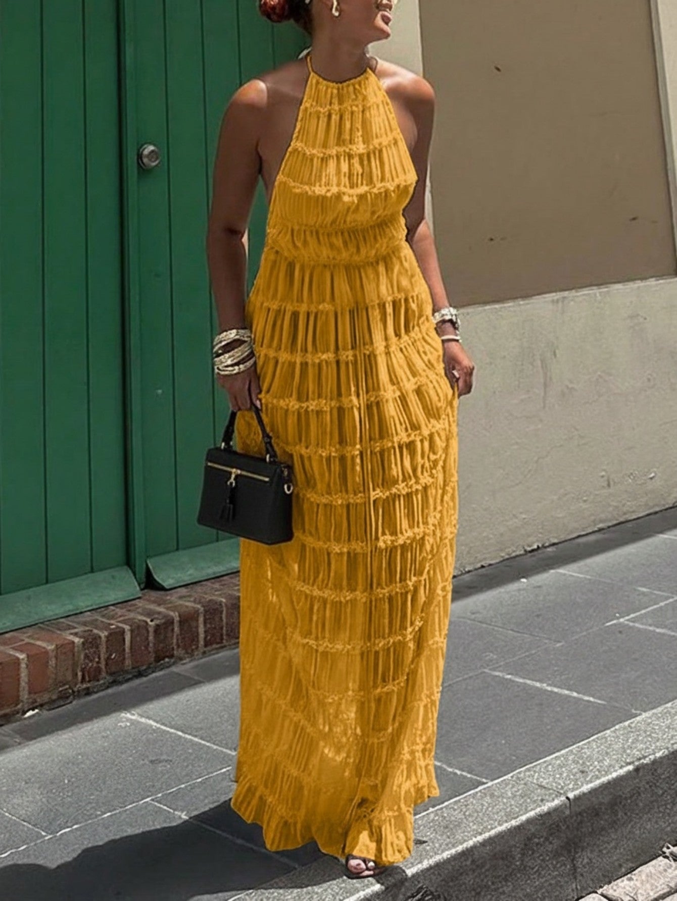 Solid Color Halter Tiered Flowy Maxi Dress-White