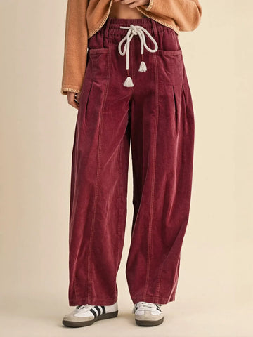 Comfy Drawstring Corduroy Wide Leg Pants
