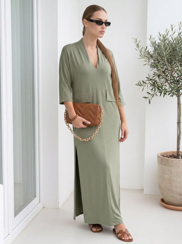 Casual V Neck Side Slit Dress