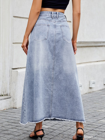 High Waisted Raw Hem Denim Skirt