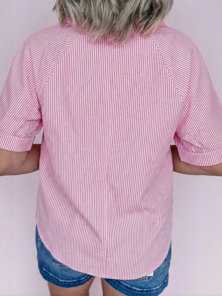 Striped V Neck Tie Sleeve Blouse