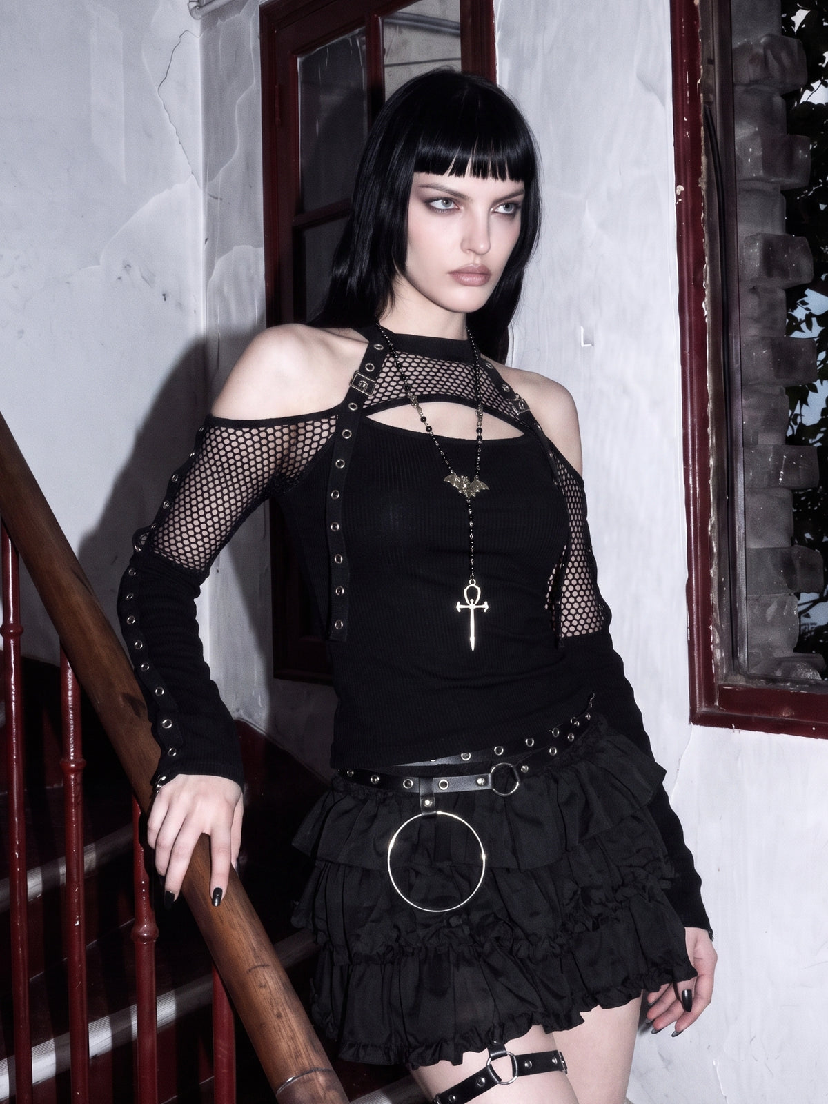 Gothic Mesh Cutout Long Sleeve Top