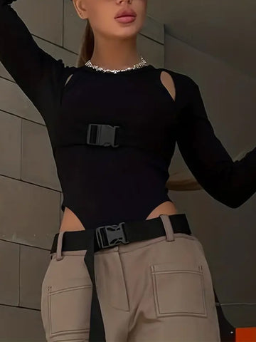 Cutout Buckle Detail Long Sleeve Bodysuit