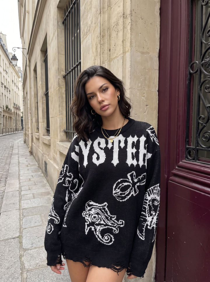 Oversized Graphic Distressed Knit Sweater