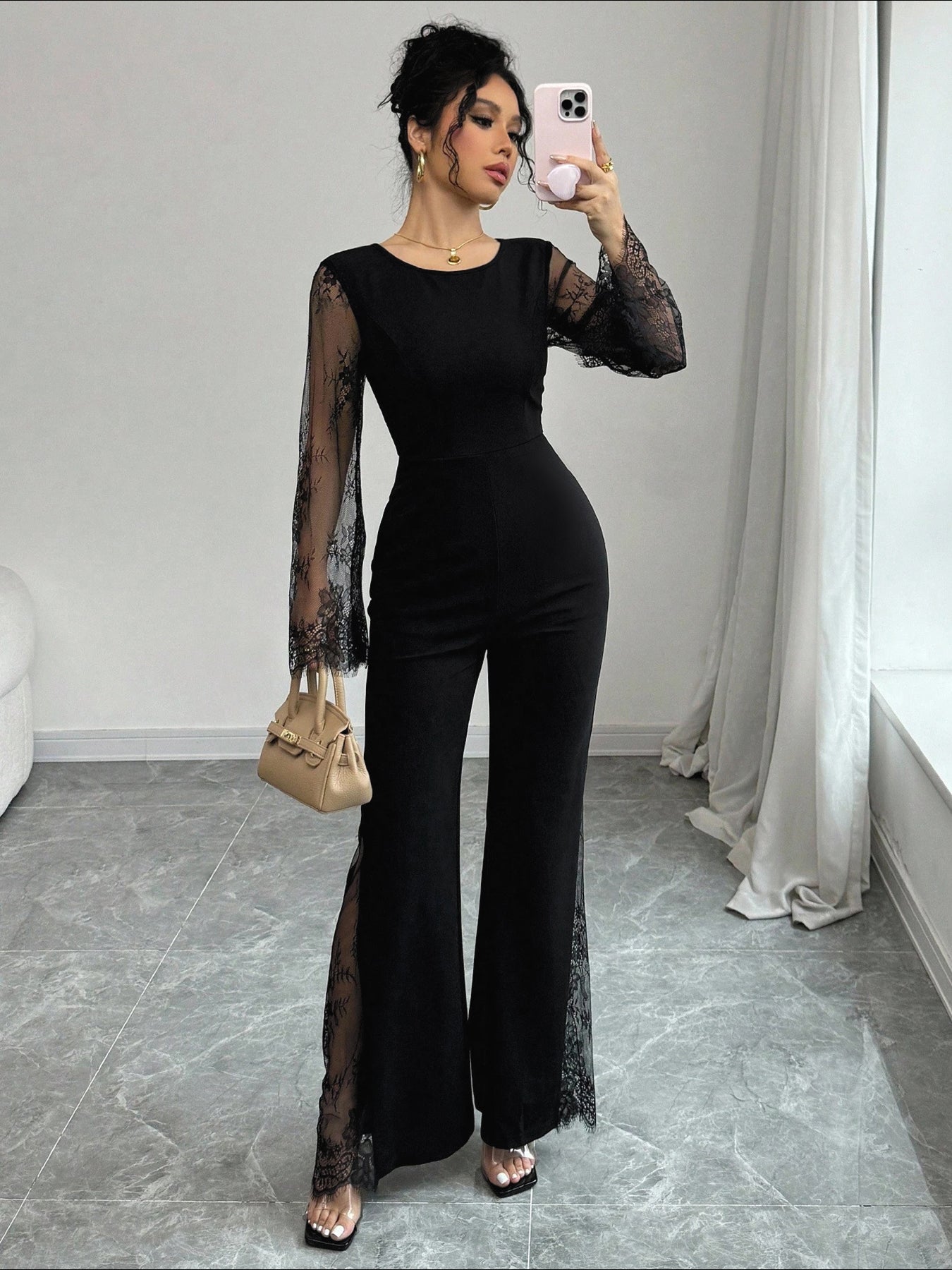 Sheer-Lace Sleeve Side-Lace Sexy Jumpsuit-Black