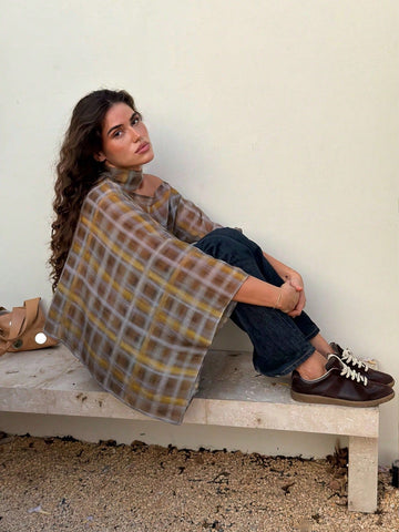 Plaid Chiffon Halter Neck Blouse