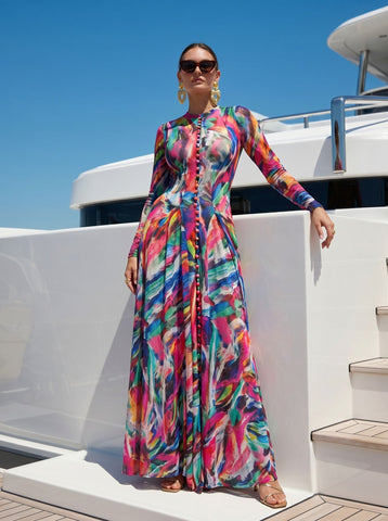 Vibrant Abstract Print Button Down Dress
