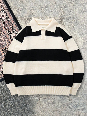 Oversized Striped Polo Collar Sweater