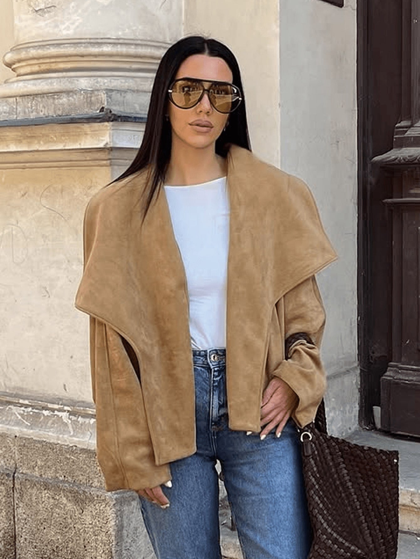 Oversized Suede Drape Front Jacket