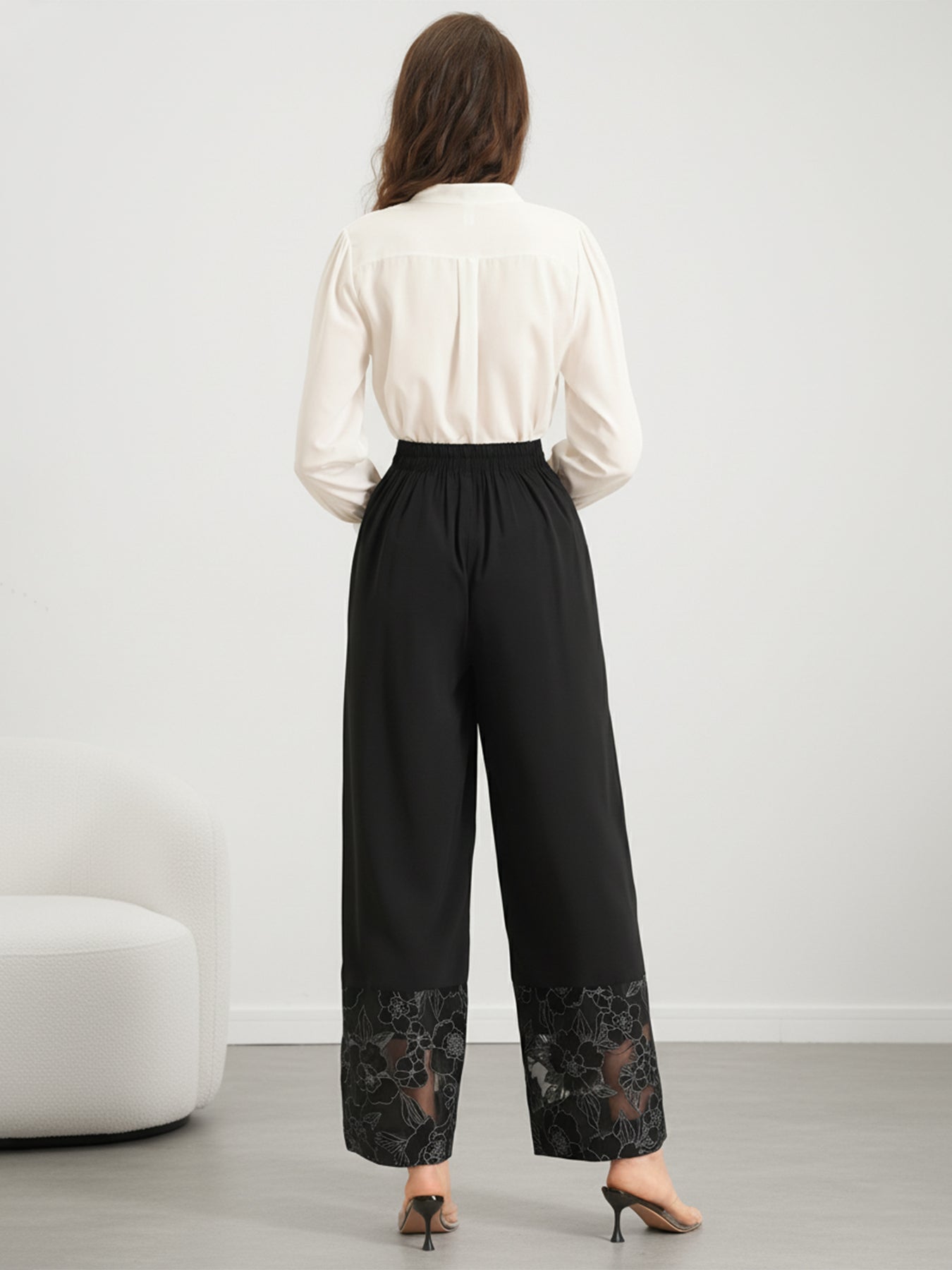Lace-Hem High-Waisted Elegant Pants