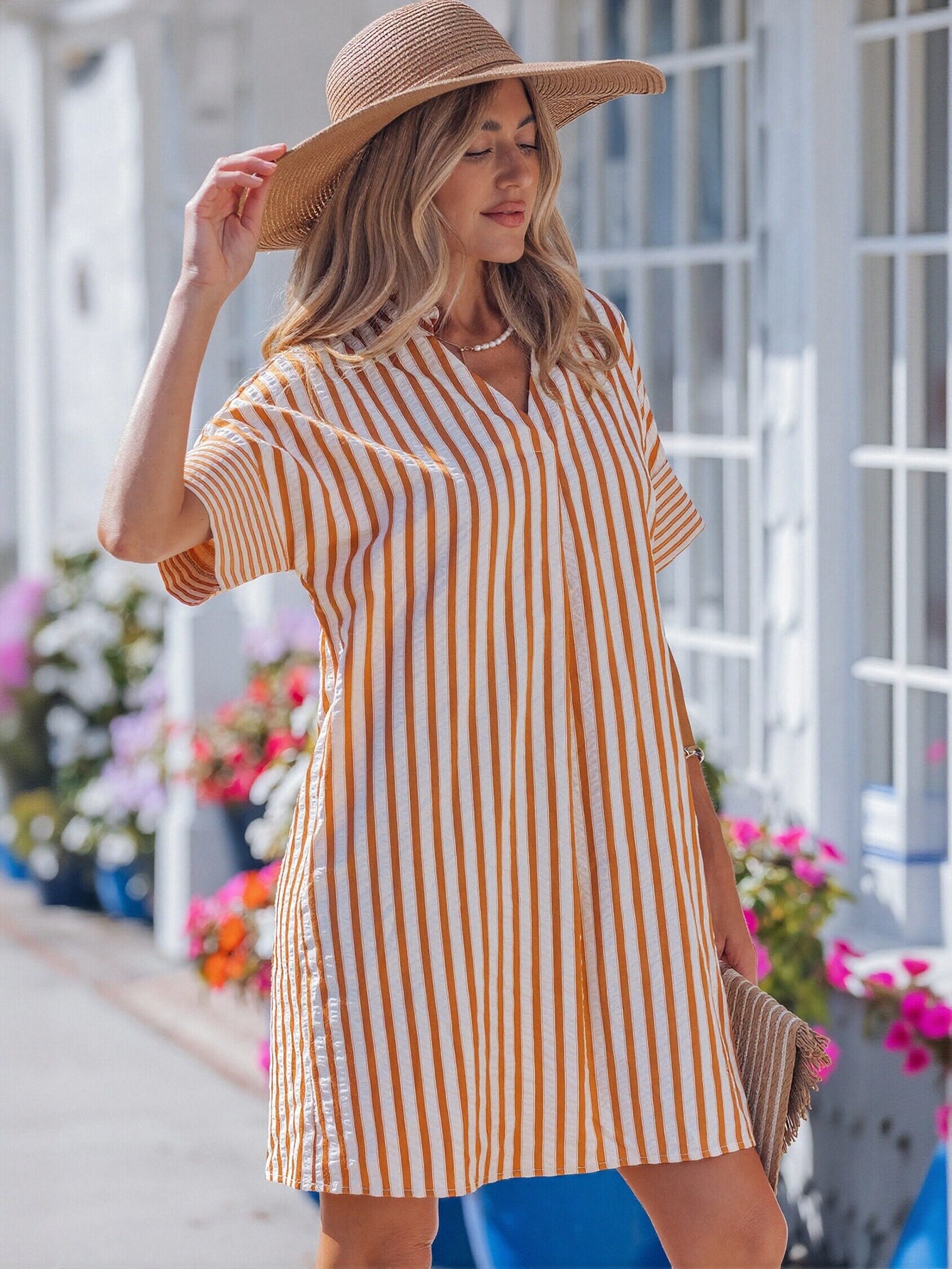 Casual Striped V Neck Mini Dress