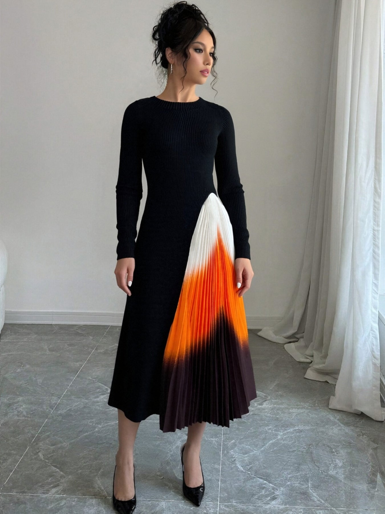 Ribbed Colorblock Pleated Midi Dress