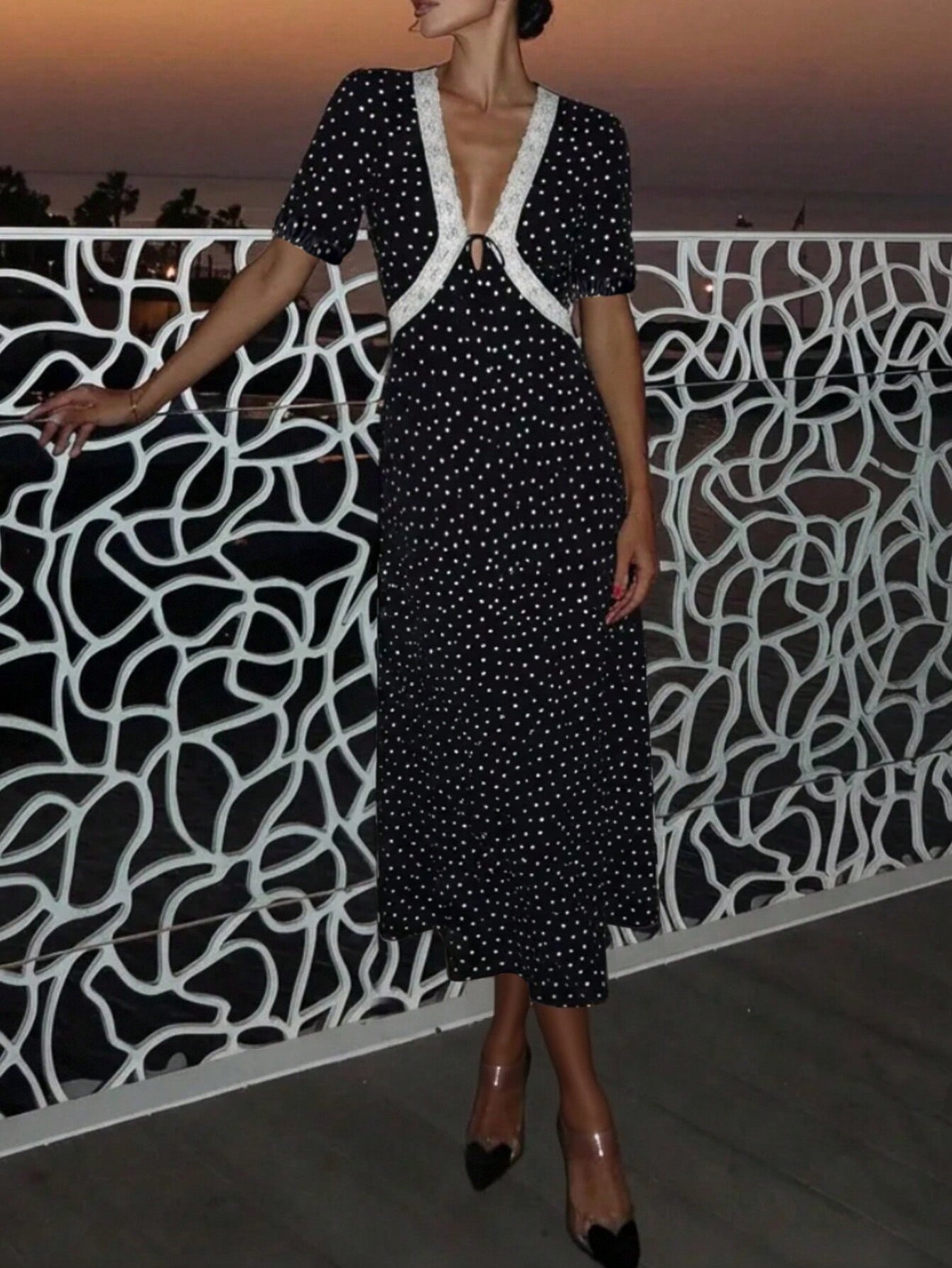Polka Dot Lace Trim Midi Dress