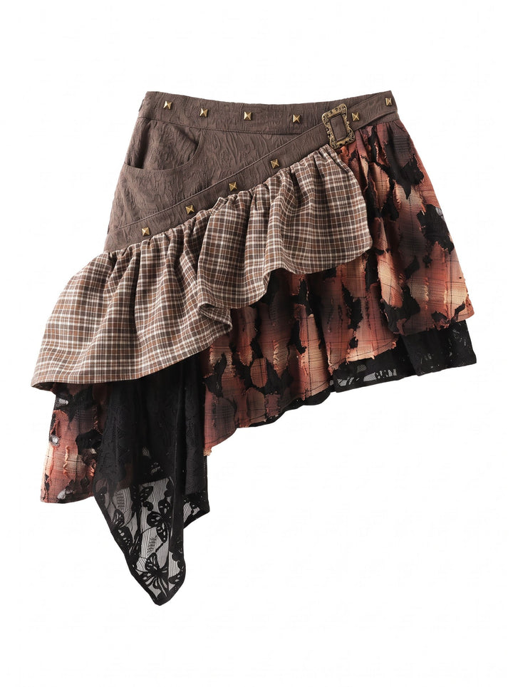 Distressed Plaid Ruffle Asymmetric Mini Skirt
