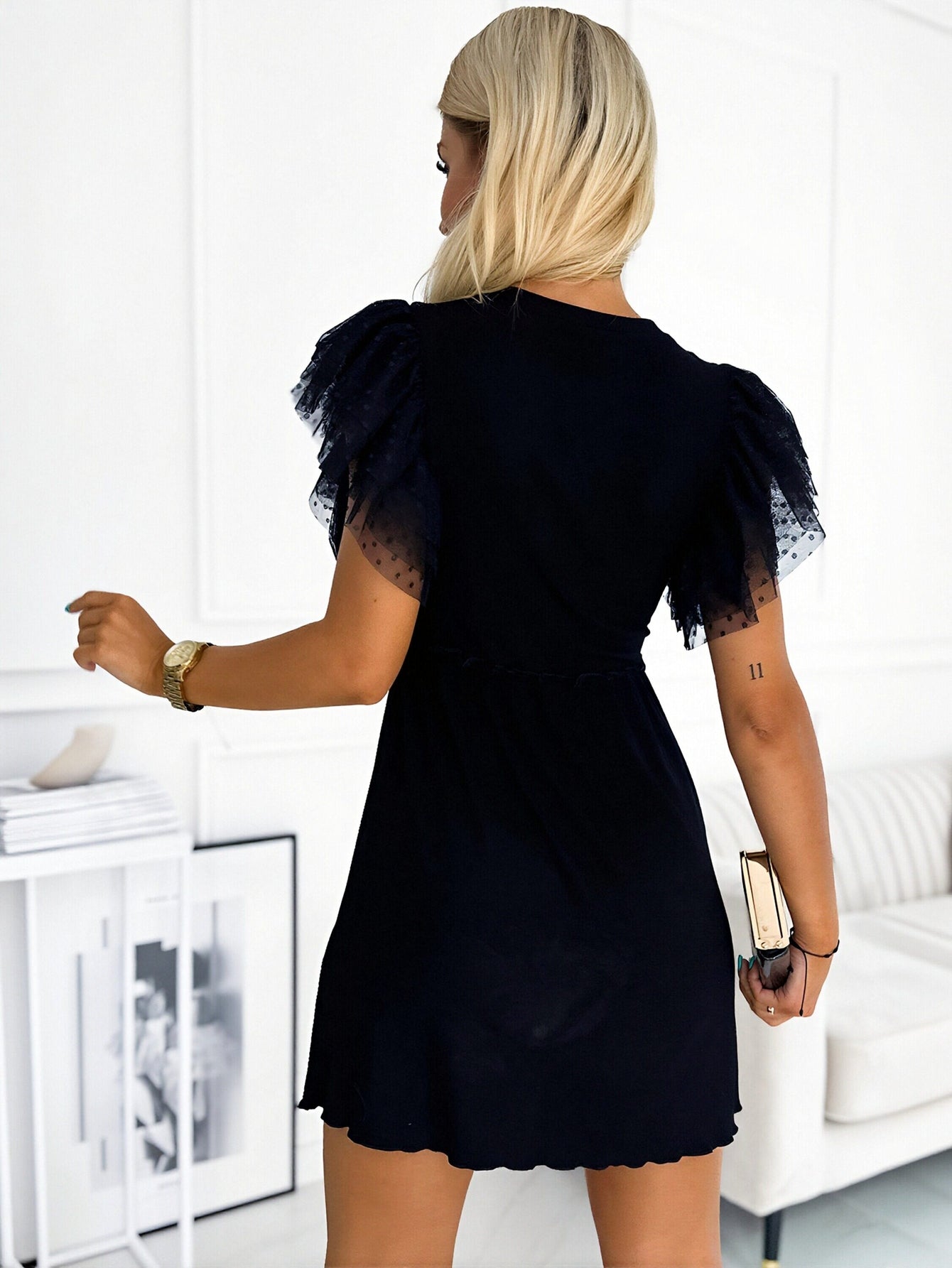 Flirty Mesh Sleeve Black Dress
