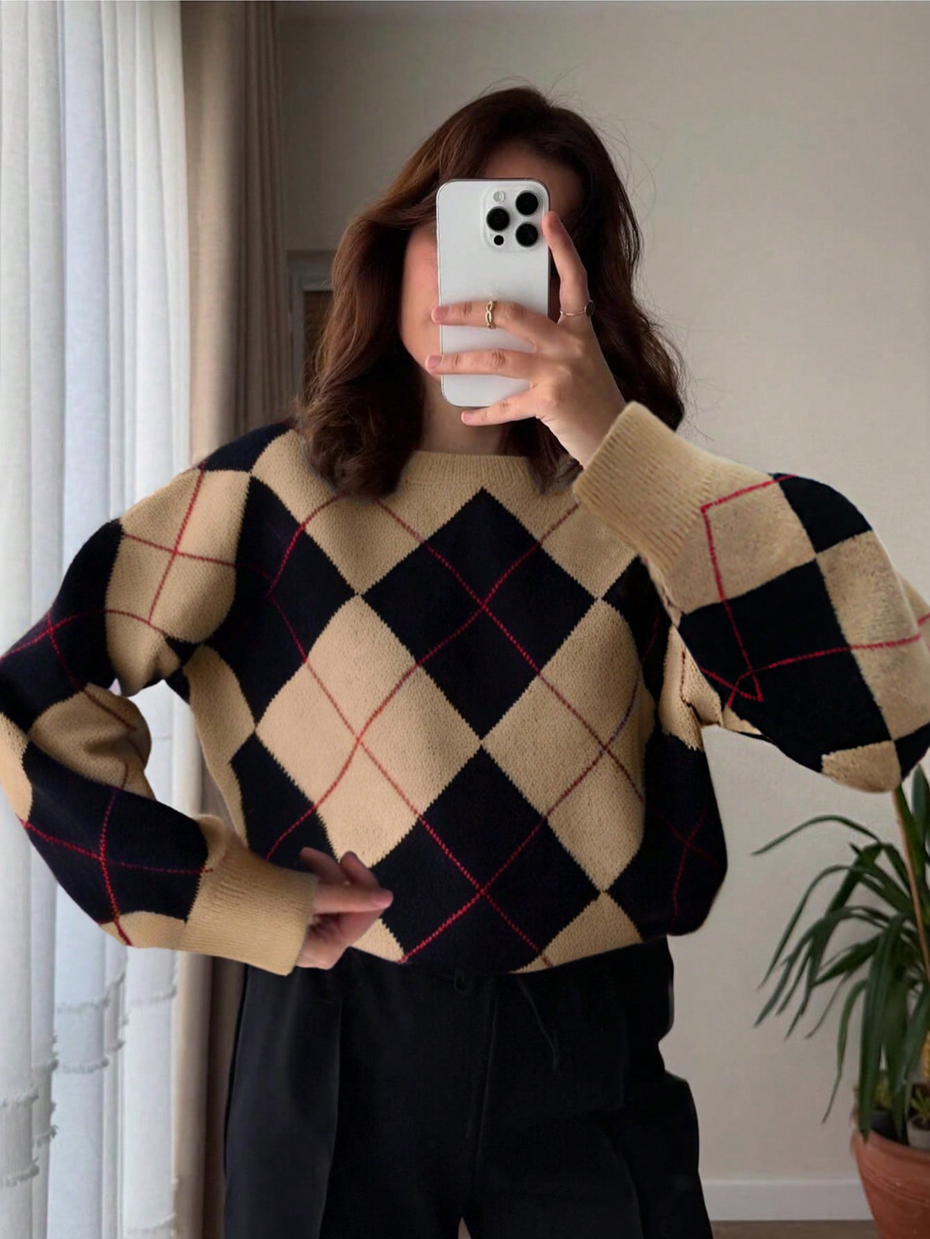 Oversized Argyle Pattern Crewneck Sweater