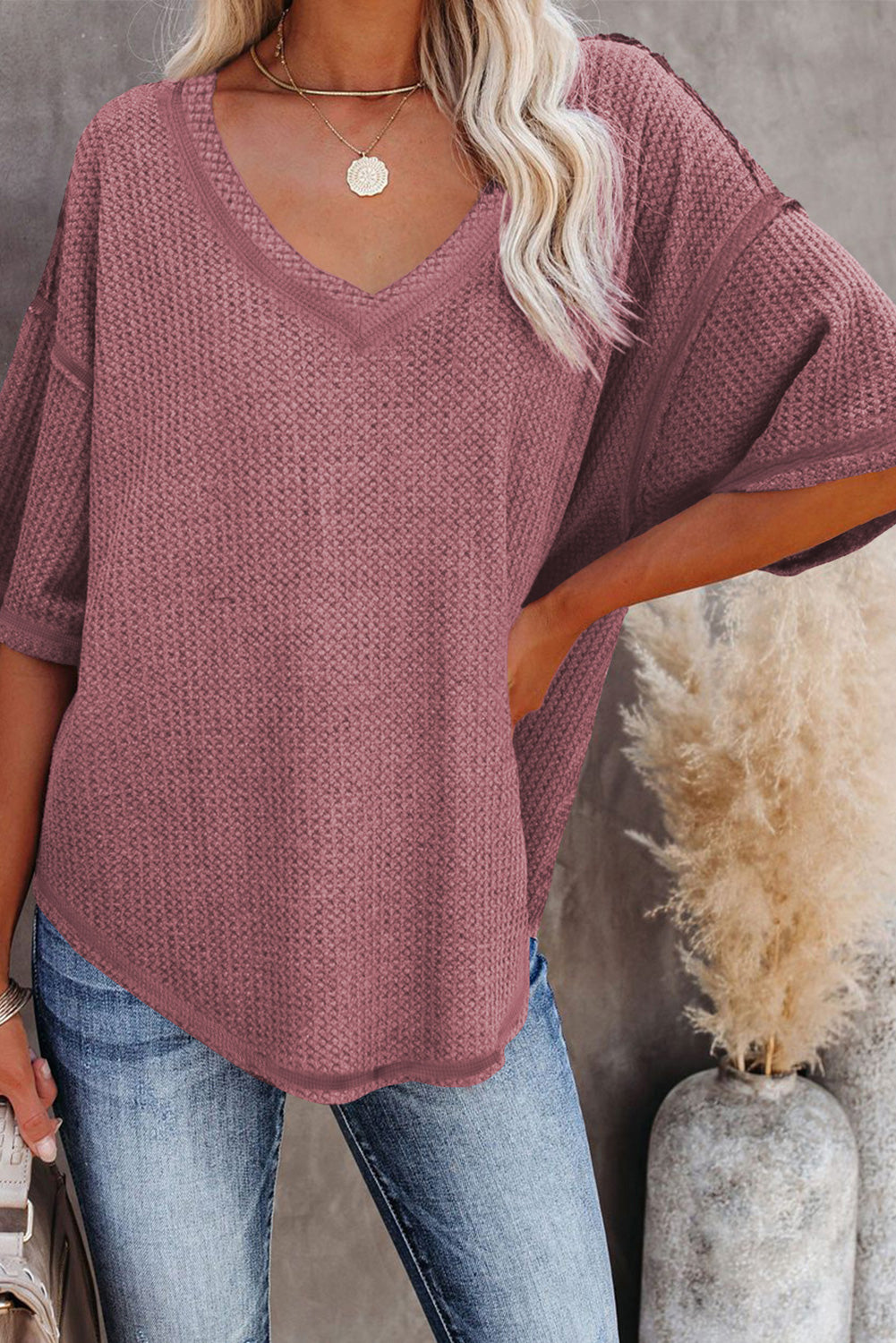 Casual V Neck Waffle Knit Tee