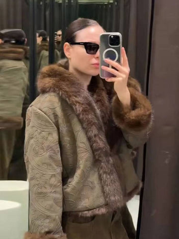 Embroidered Faux Fur Trim Coat