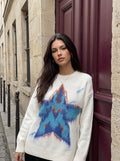 Distressed Star Graphic Fuzzy Pullover Sweater