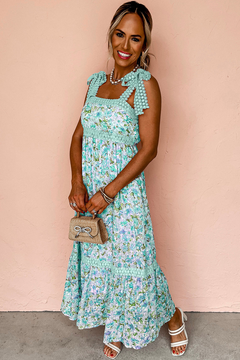 Floral Crochet Trim Midi Dress