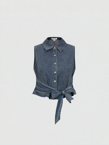 Tie-Front Sleeveless Denim Shirts