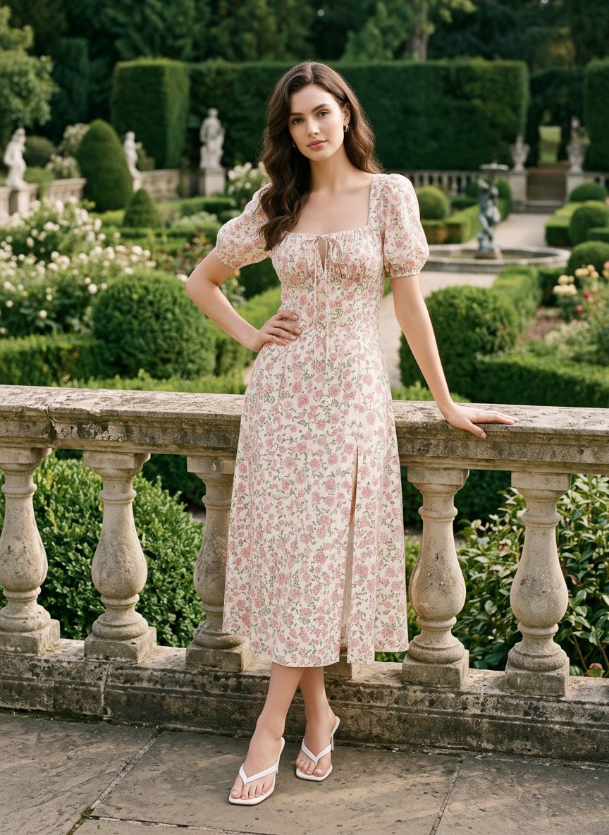 Floral Print Puff Sleeve Tie MidiDress