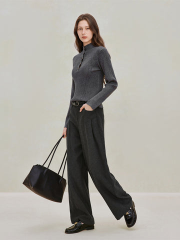 Button Mock Neck Ribbed Sweater
