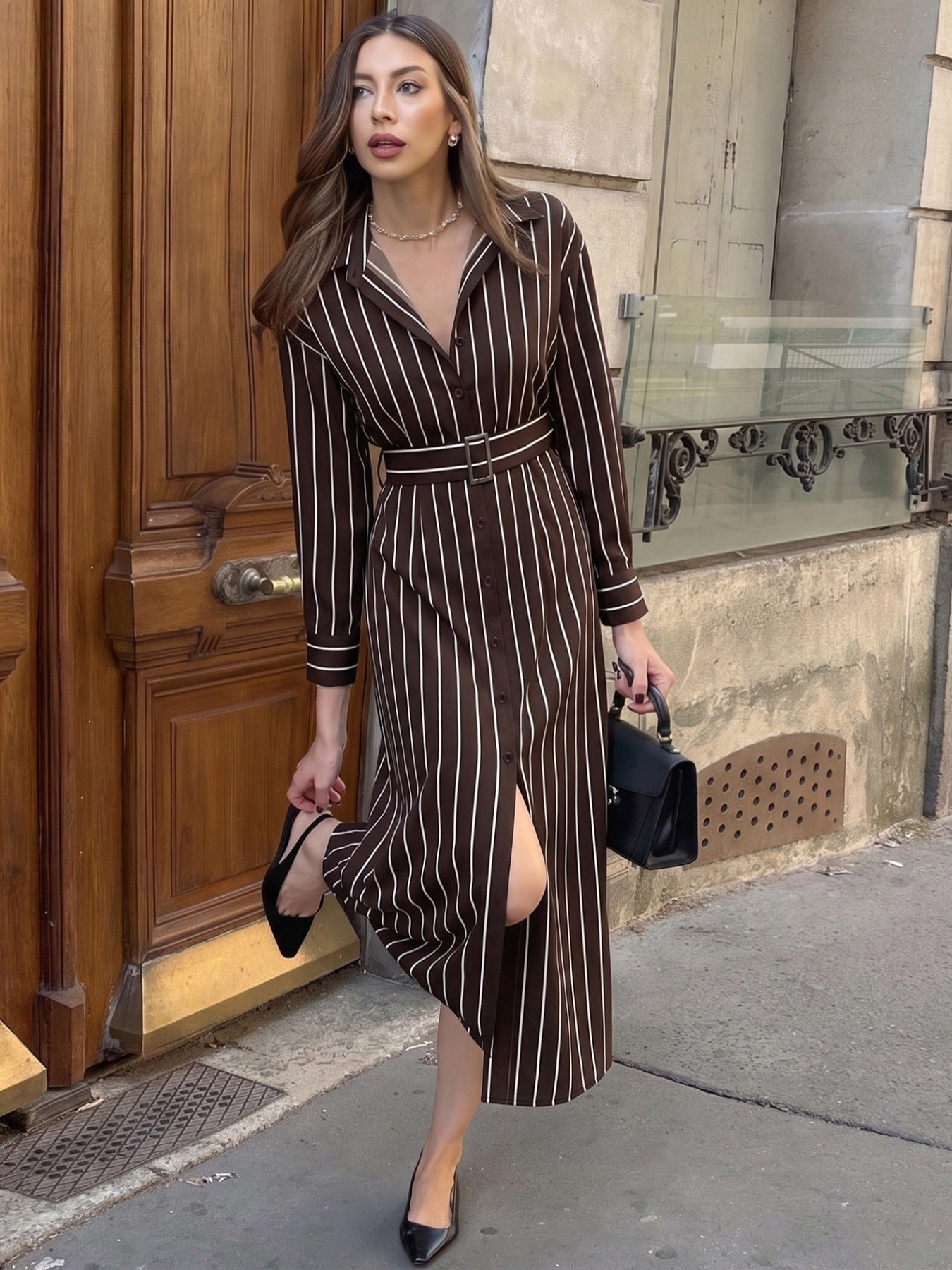 Elegant Striped Belted Shirt Dress