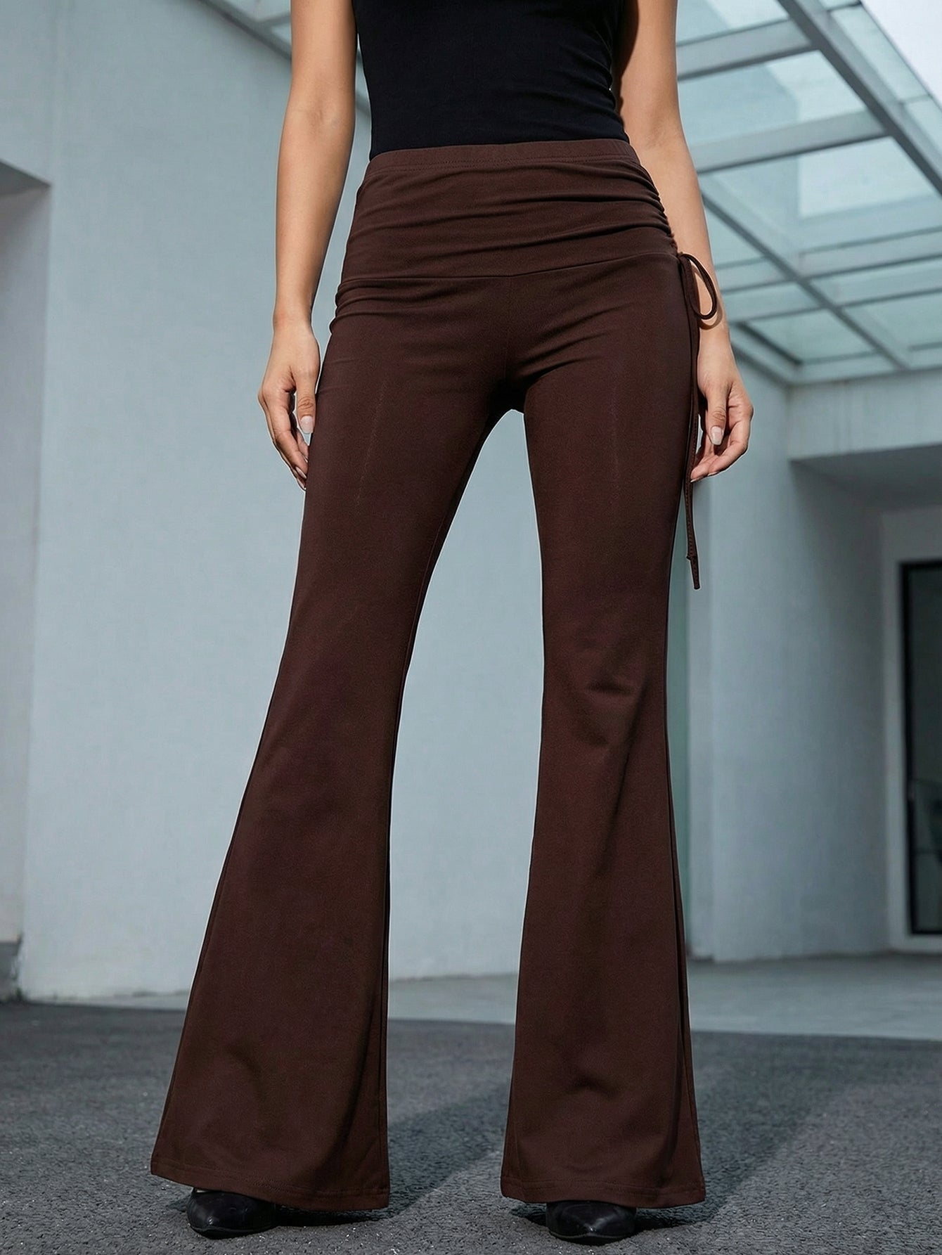 High-Waisted Drawstring Flare Pants-Multicolor
