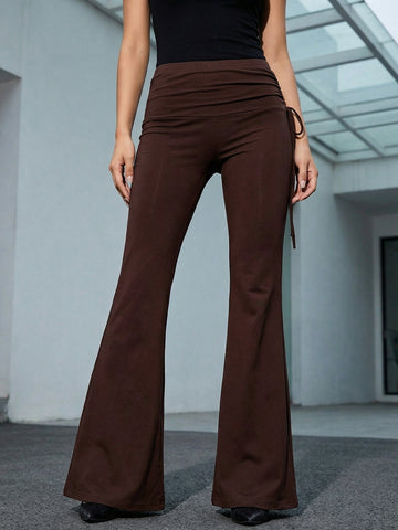 High-Waisted Drawstring Flare Pants-Multicolor
