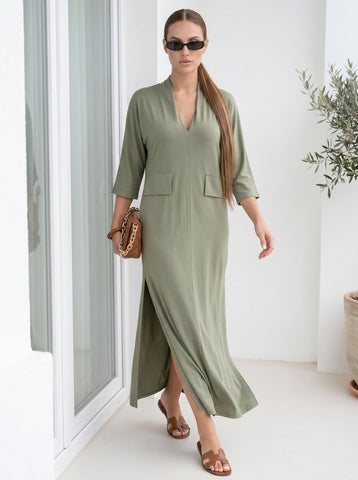 Casual V Neck Side Slit Dress