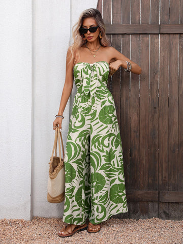 Strapless Tie Front Wide Leg Jumpsuit