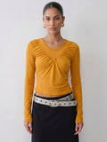 Ruched V Neck Long Sleeve Tee