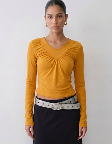 Ruched V Neck Long Sleeve Tee