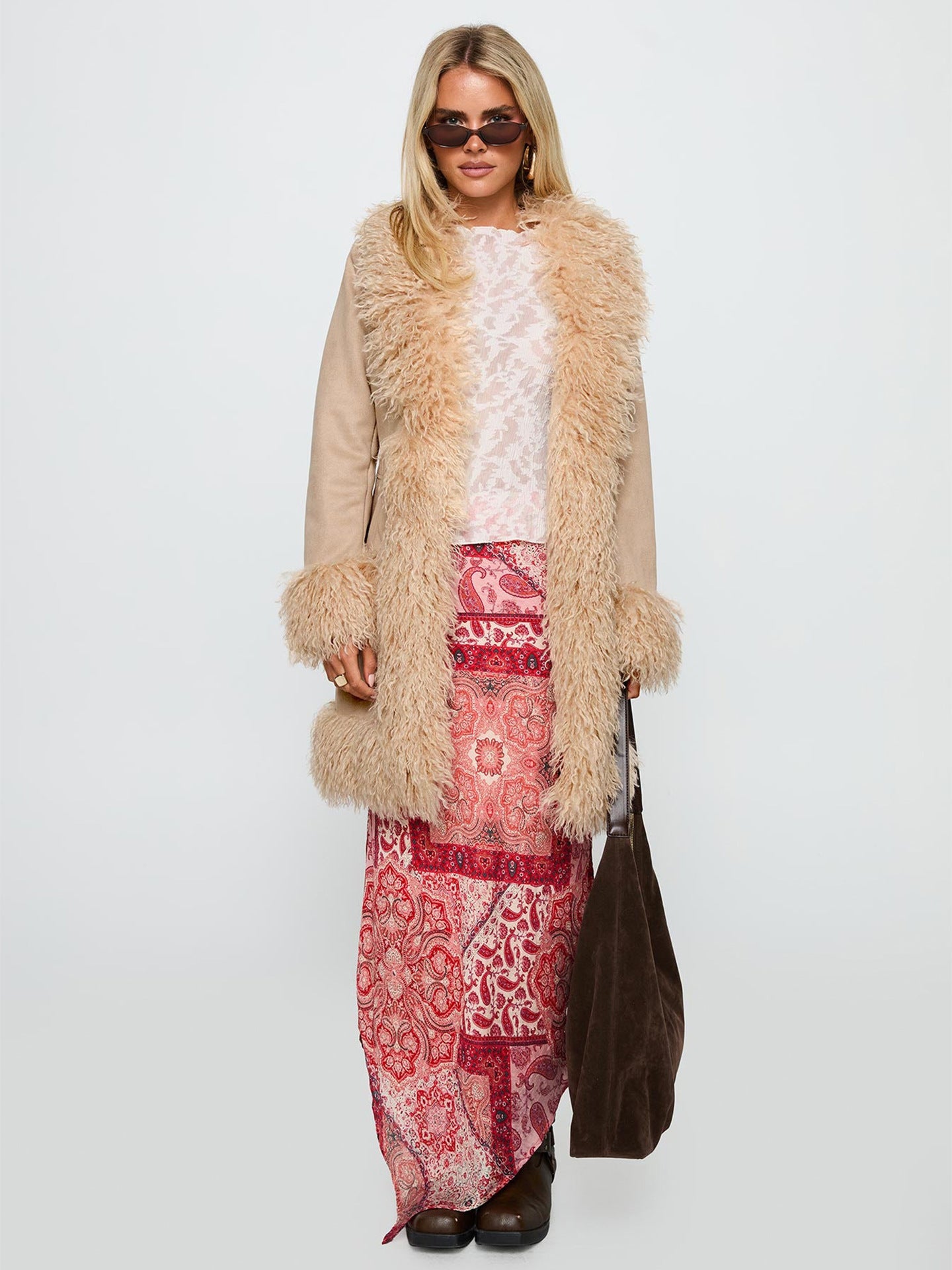 Faux Fur Trim Suede Coat