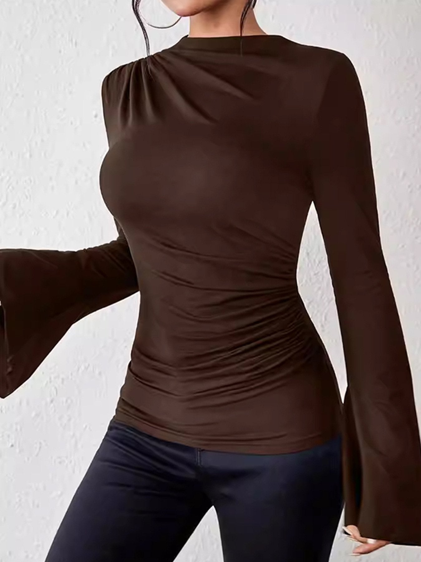 Ruched Bell Sleeve Mock Neck Tee