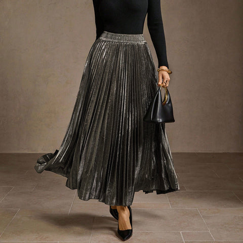 Metallic Pleated High Waisted Midi Skirt