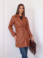 Belted Double Breasted Faux Leather Jacket