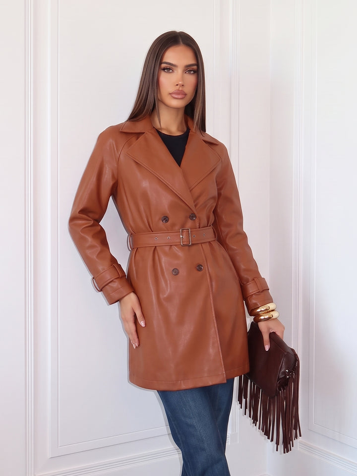 Belted Double Breasted Faux Leather Jacket